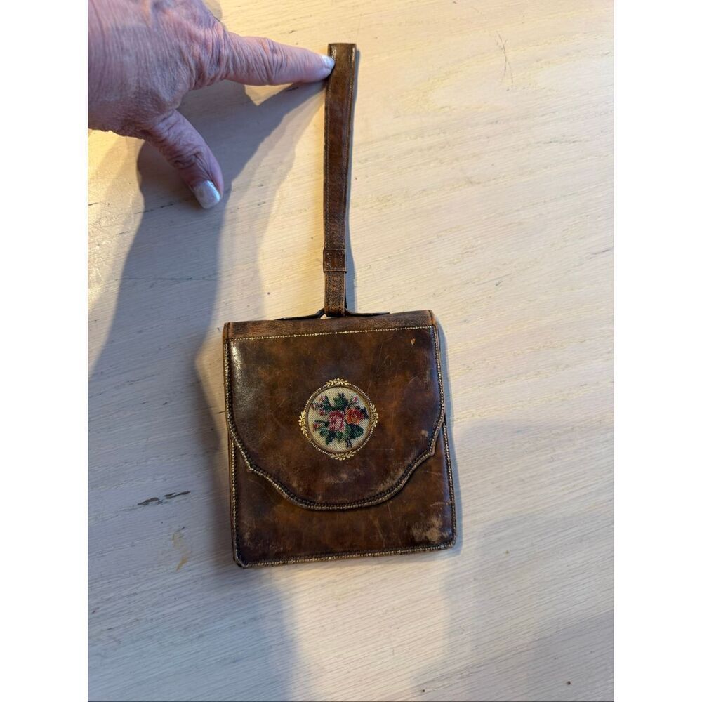 Antique Victorian Leather Floral wristlet with mirror